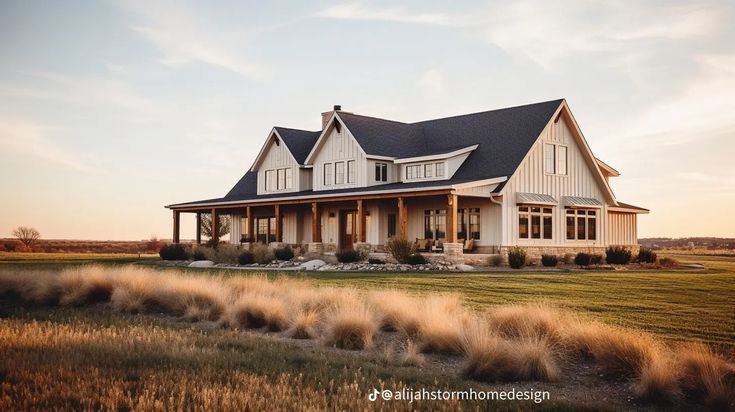 a large white house sitting on top of a lush green field next to a tall grass covered field