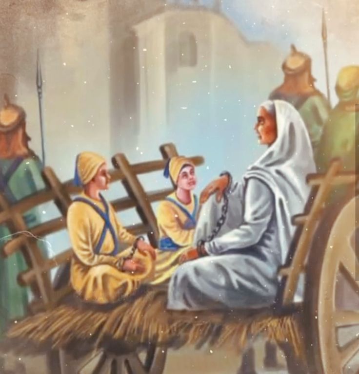 a painting of people sitting on a cart