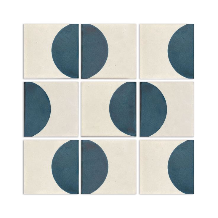 six blue and white tiles with circles on each one in the same square pattern, all arranged together