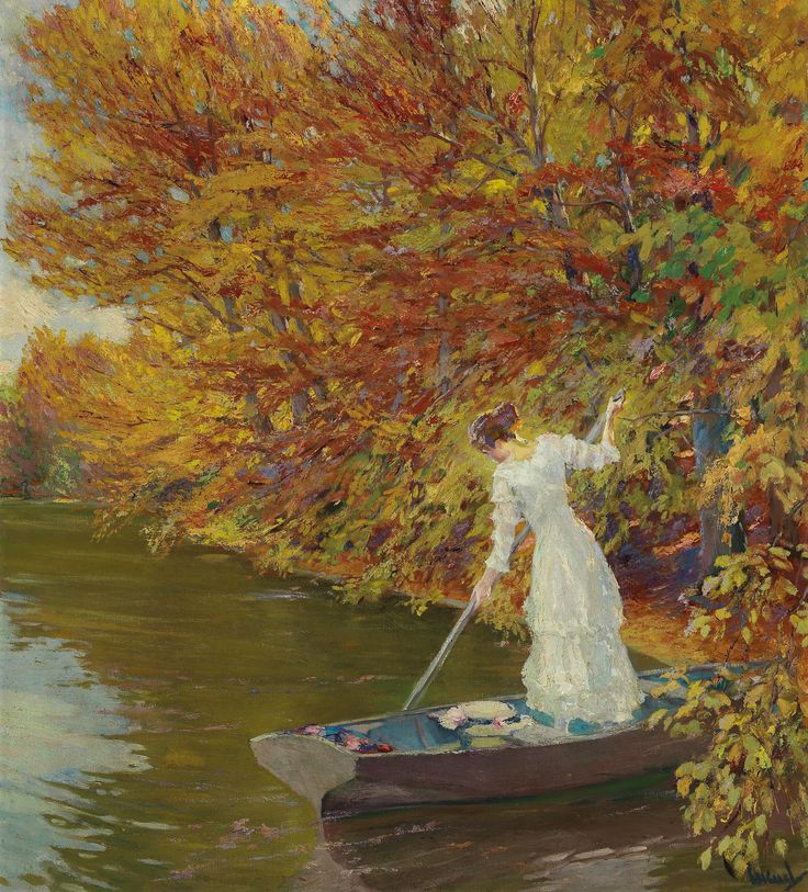 a painting of a woman in a boat on a river with trees and leaves around her