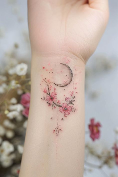 a woman's wrist tattoo with pink flowers and a crescent