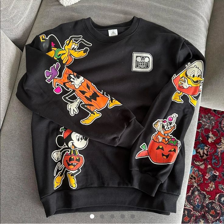 In Perfect Condition. Worn Once. Perfect Oversized Fit Black Disney Sweatshirt For Streetwear, Sporty Mickey Mouse Crew Neck Top, Casual Long Sleeve Mickey Mouse Sweatshirt, Black Long Sleeve Mickey Mouse Sweatshirt, Mickey Mouse Long Sleeve T-shirt For Streetwear, Candle Pedestal, Mickey Mouse Halloween, Disney Tops, Halloween Sweatshirt