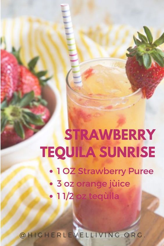 a strawberry tequila drink with strawberries in the background and text overlay that reads, strawberry tequila sunrise