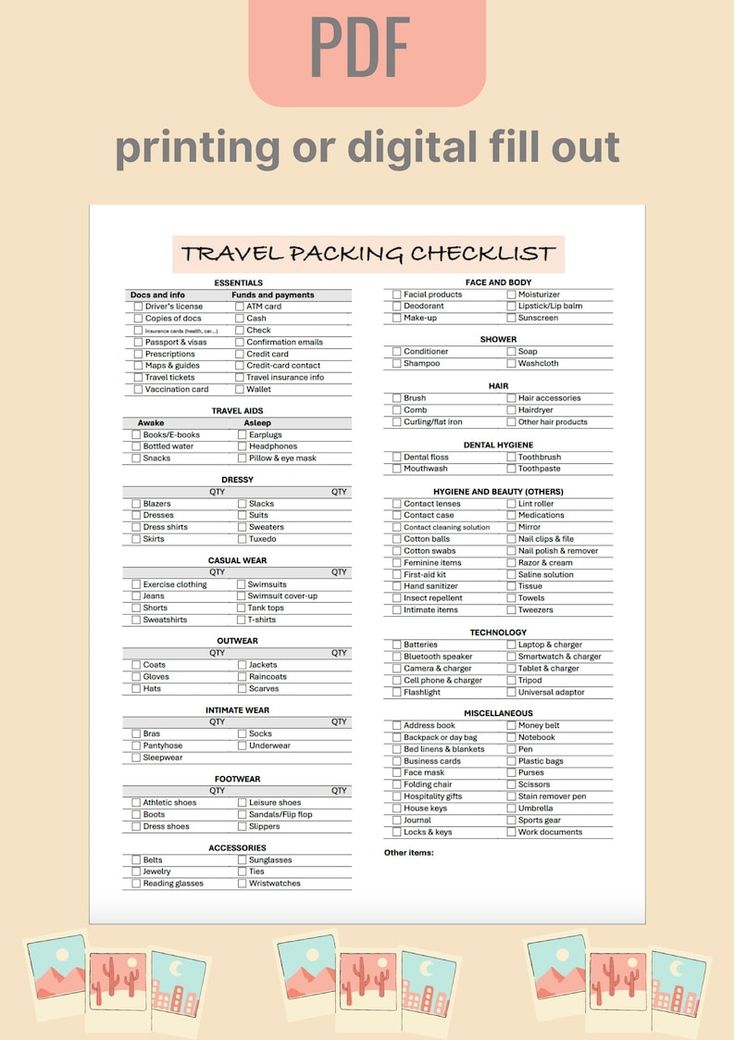 the printable travel packing checklist is shown in three different colors and font options