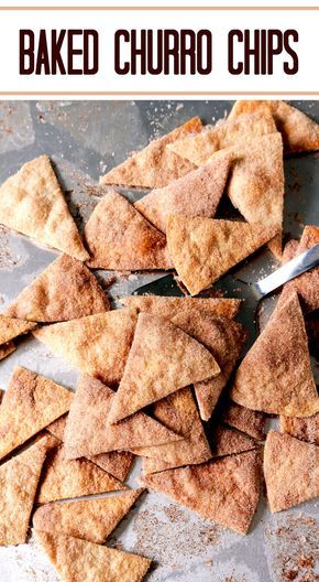 homemade baked churro chips on a baking sheet with a knife in the middle and text overlay