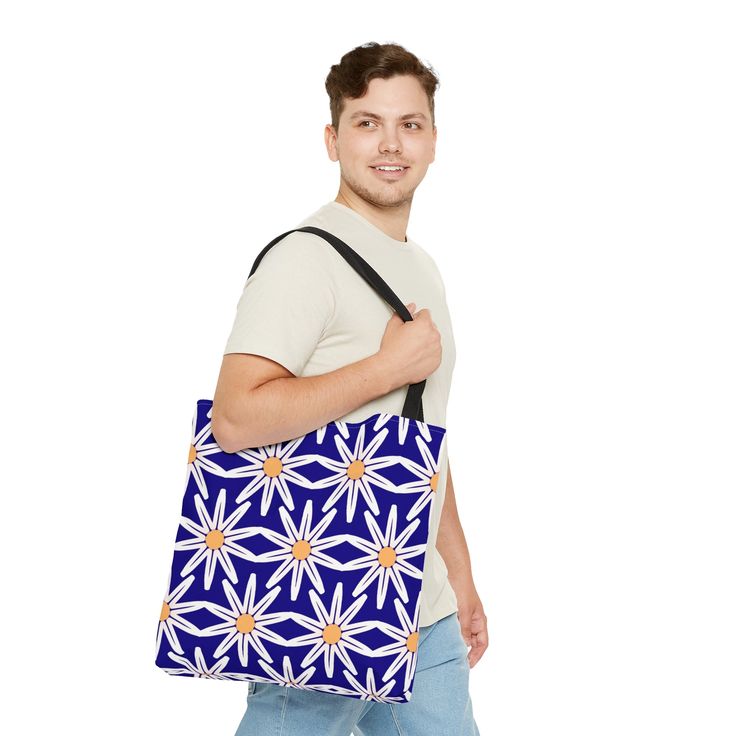 This practical, high-quality Tote Bag is available in three sizes. All-over print provides comfort with style at the beach or out in town. Made from reliable materials, lasting for seasons. .: 100% Polyester.: Boxed corners.: Black cotton handles.: Black lining.: NB! Size tolerance 0.75" (1.9 cm)) Small Medium Large Height, in 12.99 16.02 17.99 Length, in 12.99 16.02 17.99 Width, in 0.31 0.31 0.31 Handle height, in 11.81 11.81 11.81 Handle width, in 1.00 1.00 1.00 Casual Blue Canvas Bag For On-the-go, Trendy Large Capacity Blue Canvas Bag, Trendy Blue Square Canvas Bag, Trendy Blue Canvas Bag For Daily Use, Trendy Blue Tote Bag, Blue Shoulder Bag For Shopping, Trendy Blue Gift Shoulder Bag, Trendy Blue Shoulder Bag For Gift, Summer Blue Canvas Bag For Shopping