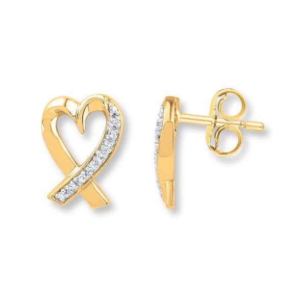 Hearts crafted of 10K yellow gold are decorated in diamonds in these romantic earrings for her. The earrings are secured with friction backs. Romantic Earrings, Gold Stock, Jewelry Education, Sweet Earrings, Jewelry Advice, Jared The Galleria Of Jewelry, Solitaire Earrings, Kay Jewelers, Heart Crafts