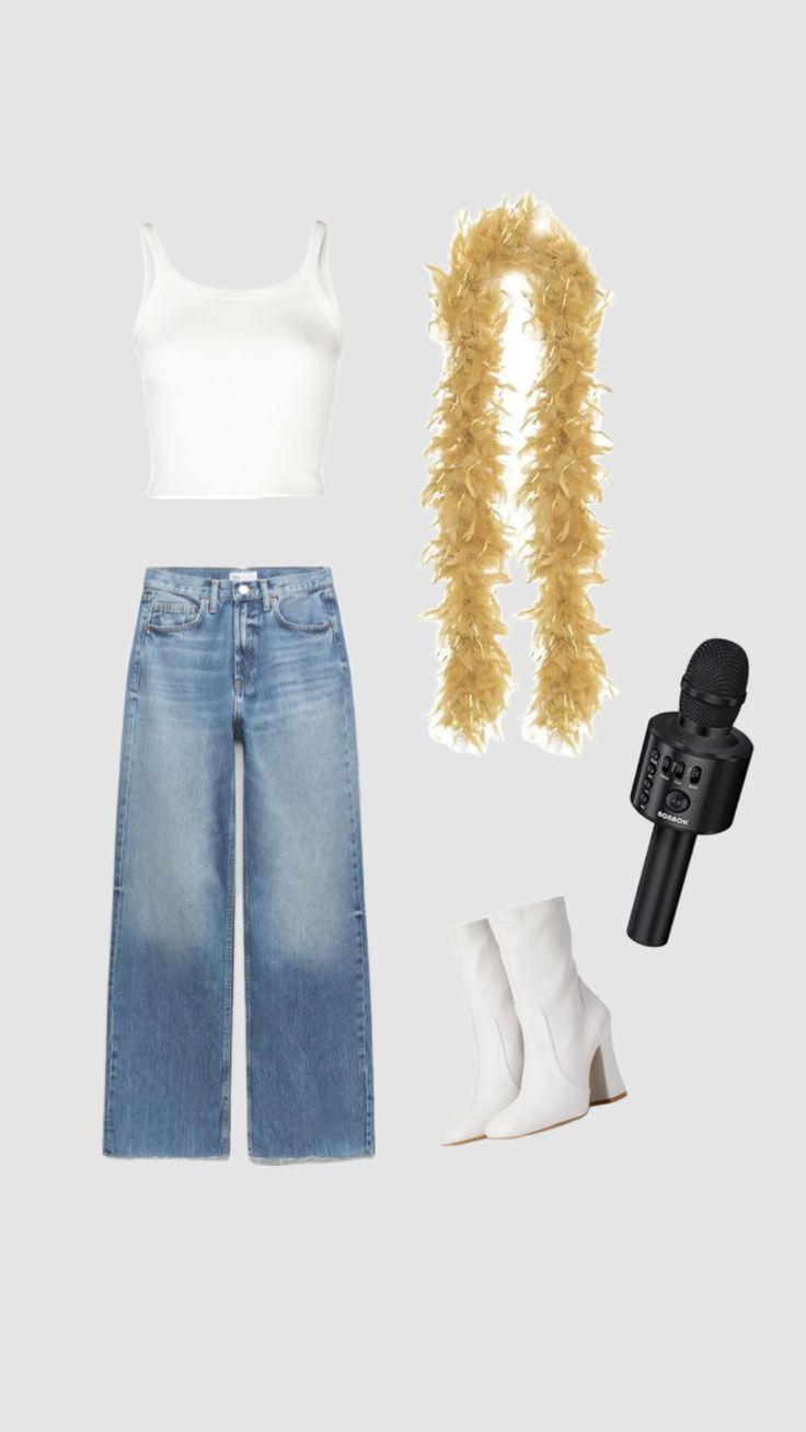 a white top, jeans and boots are arranged in the shape of a woman's head