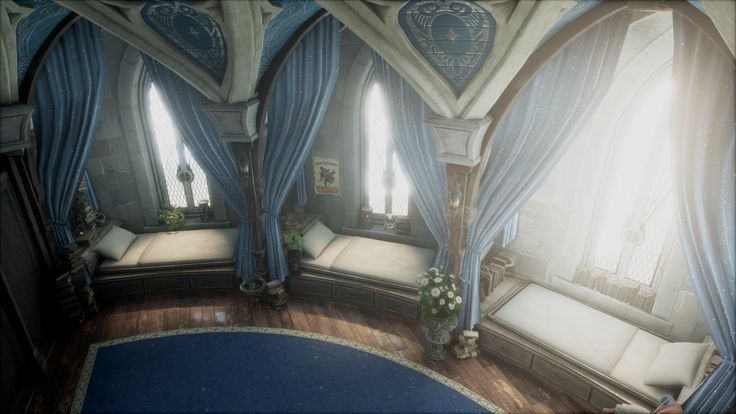 an artistic view of a bedroom with blue drapes