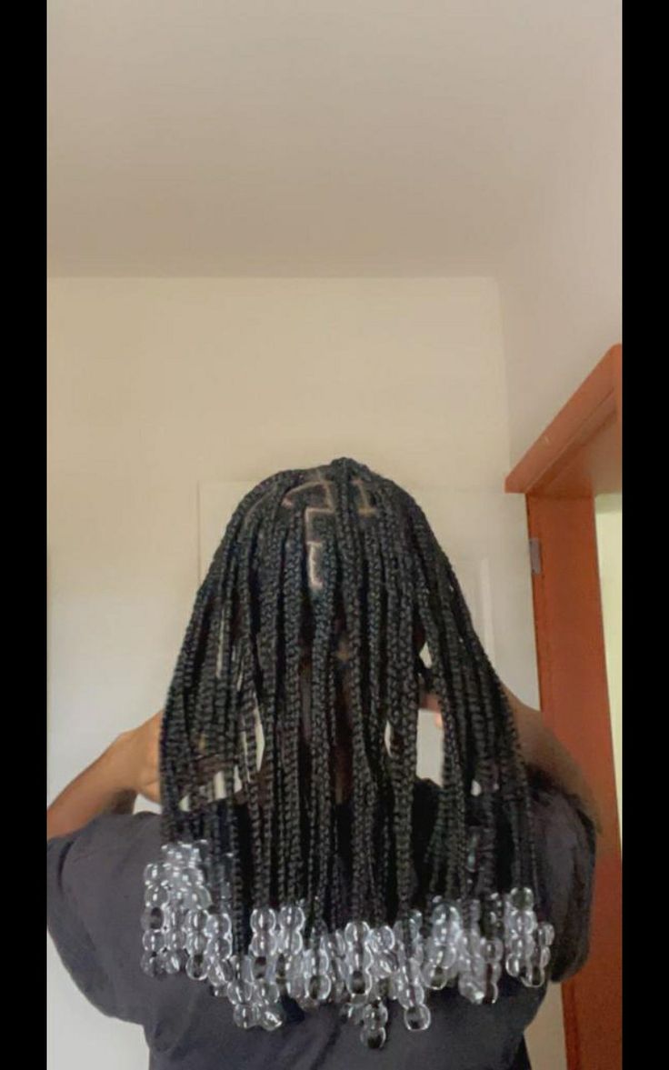 Black Braids With Clear Beads, Box Braids Clear Beads, Shoulder Length Knotless With Beads, Short Braids With Clear Beads, Braids Clear Beads, Short Box Braids Hairstyles Shoulder Length With Beads, Short Braids Beads, Braids With White Beads, Clear Beads On Braids