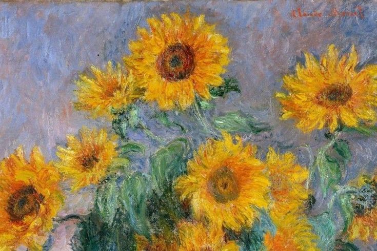 a painting of sunflowers in a green vase