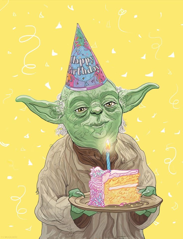 a drawing of yoda holding a slice of cake with a lit candle on it