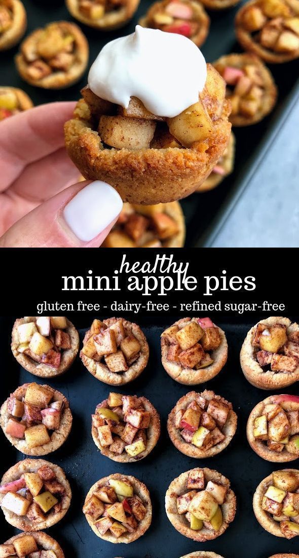 mini apple pies with whipped cream on top and an image of apples in the background