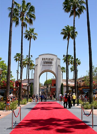 a red carpet is on the ground in front of palm trees and a white arch