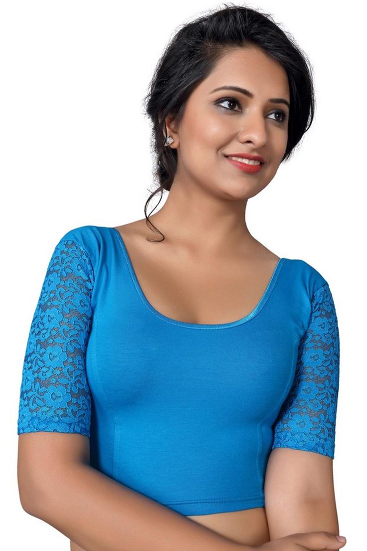 Product Features: Blouse Color: peackock blue Blouse Fabric: Cotton Lycra Blend Blouse Work: Solid Blouse Closure: Stretchable Blouse Type: Non-Padded Blouse Sleeves Type: Elbow Sleeves Blouse Neck Type: Round Neck Product type: Saree Blouse Occasion: Partywear Disclaimer: There will be slight difference in digital to actual image Stretchable Blouse, Net Sleeves, Blouse Crop Top, Blouse Crop, Cotton Lycra Fabric, Blouse Design Images, Blouse Designs Indian, Indian Blouse, Blouse Neck