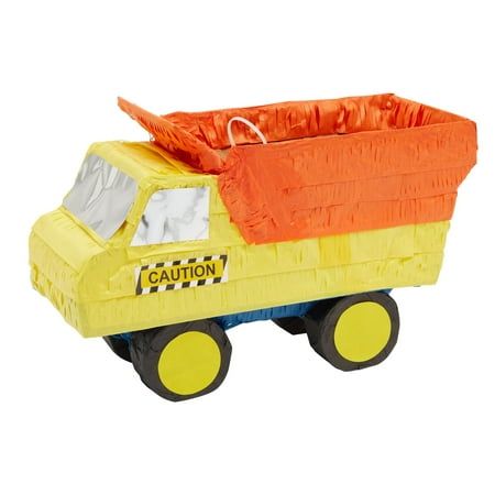 a yellow and orange toy truck with an orange tarp on it's back