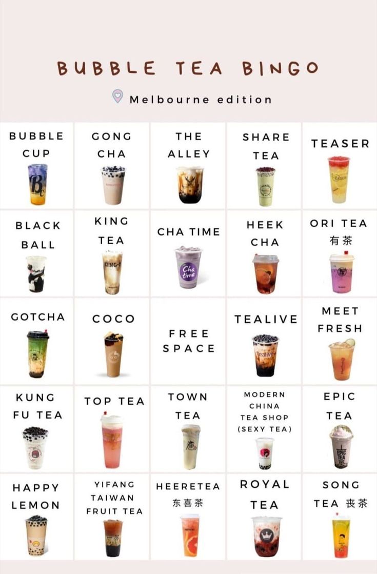 the bubble tea menu is shown with different types of drinks in each cup and on each side