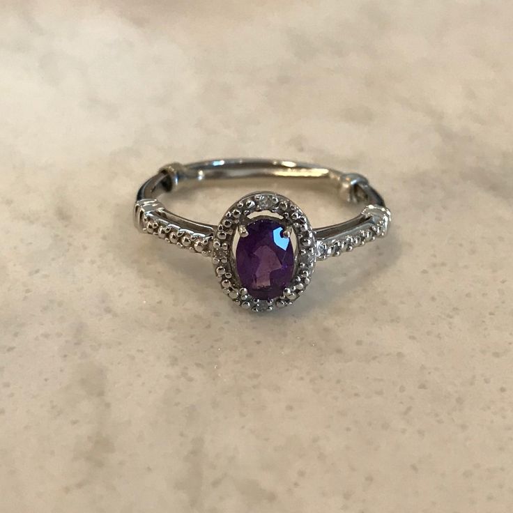 Sterling Silver Ring With Amethyst And Small Diamond Accent . Good Condition. Size 6. Make An Offer! Silver Jewelry With Accent Stones In 14k White Gold, Purple Oval Jewelry With Diamond Accents, Classic Sterling Silver Amethyst Ring With Diamond Accents, White Gold Sterling Silver Amethyst Ring With Diamond Accents, Amethyst Birthstone Jewelry For Formal Occasions, Dainty Purple Diamond Jewelry, Formal Amethyst Birthstone Jewelry, Classic Silver Amethyst Ring With Gemstone Accents, Silver Amethyst Rings With Diamond Accents