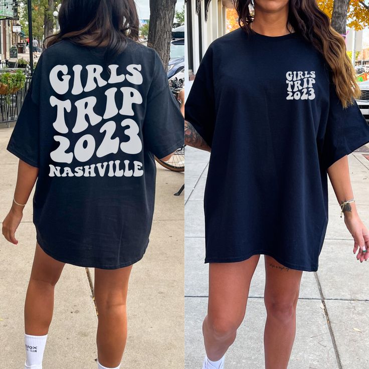 Your upcoming girls trip just got a lot more exciting with our Comfort Colors custom vacation tees. These oversized matching shirts are not only incredibly comfortable but also oozing with retro vibes that'll make you stand out in any setting. Don't miss the chance to personalize each shirt with your unique friend group designs. These tees are the epitome of fun and make for ideal weekend trip outfits. ♥ The soft-washed, garment-dyed fabric brings extra coziness to your wardrobe while the relaxe Black Text Print Top For Vacation, Black Text Print Tops For Vacation, Oversized Tops With Custom Print, Weekend Trip Outfits, Girls Trip Shirts, Trip Outfits, Retro Girls, Friend Group, Weekend Trip