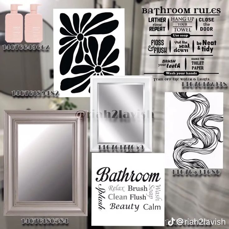 the bathroom is decorated with black and white wall decals, mirrors, and other items