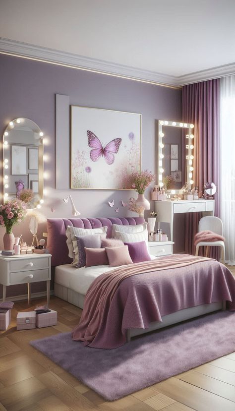 a bedroom decorated in lavender and white with lots of lights on the wall above the bed