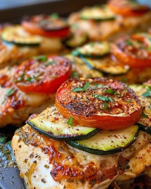 grilled chicken with tomatoes, zucchini and cucumbers on a baking sheet