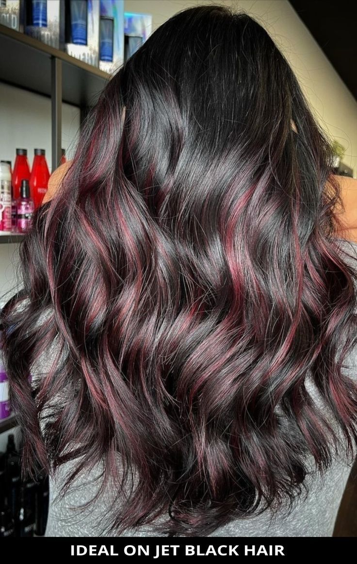 Ask for this marvelous ideal on jet black hair for the ultimate inspiration! See all of the details for this look by tapping Visit and you'll also see the remaining 15 most stylish black hair with red highlights for a spectacular new style. // Photo Credit: @hair.by.laura.wojcik on Instagram Red Highlight On Black Hair, Light Red Highlights In Black Hair, Black Hair With Red Shine, Burgundy Lowlights In Black Hair, Black With Dark Red Highlights, Dark Brown And Red Hair Highlights, Merlot Highlights On Dark Hair, Partial Red Highlights In Brown Hair, Red Partial Highlights