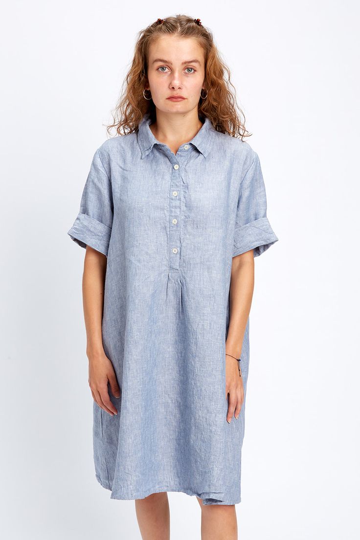 Material: 100% Linen. Description: Vilma is relaxed soft linen dress and the linen is pre-washed for softness. Easy silhouette is suitable for most body types. Short sleeves and side pockets. ONE SIZE Color: Light Denim Blue Measurements: Bust: 47" Length: 35.8". Piironki Helsinki is Finnish lifestyle company established 1978. Their focus is relaxed, beautiful and cozy living. Relaxed Fit Flax Linen Dress, Casual Flax Dresses With Pockets, Casual Knee-length Linen Dress With Relaxed Fit, Casual Linen Spring Dress, Casual Linen Dresses For Daywear, Spring Casual Linen Dress, Casual Linen Day Dresses, Casual Knee-length Relaxed Fit Linen Dress, Casual Blue Linen Dress For Daywear