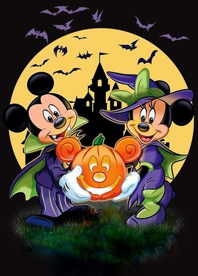 mickey and minnie mouses halloween party with pumpkin in front of a full moon background