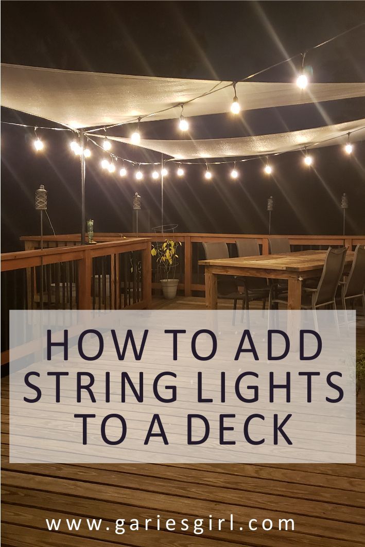 an outdoor patio with string lights and wooden decking that reads how to add string lights to a deck