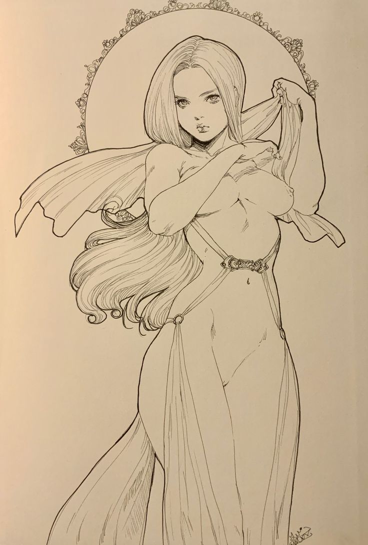 a black and white drawing of a woman with long hair holding a bird in her hand