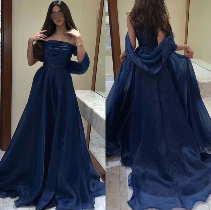 Blue Cute Prom Dresses, Winter Masquerade Outfit Ideas, Runaway Princess Dress, Navy Blue Masquerade Dress, Dark Blue Graduation Dress, Blue Dresses For Birthday, Large Prom Dresses, Off Shoulder Prom Gown, Blue Poofy Prom Dresses