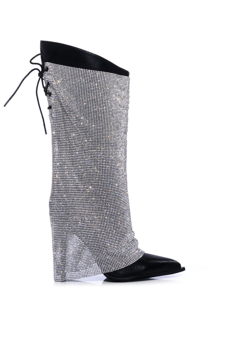 black pointed toe stiletto heel mid-calf boots with shiny rhinestone mesh overlay Rhinestone Outfit, Black Heeled Boots, Platform Combat Boots, Azalea Wang, Boot Jewelry, Black Stilettos, Black Heel Boots, Black Features, Mesh Overlay