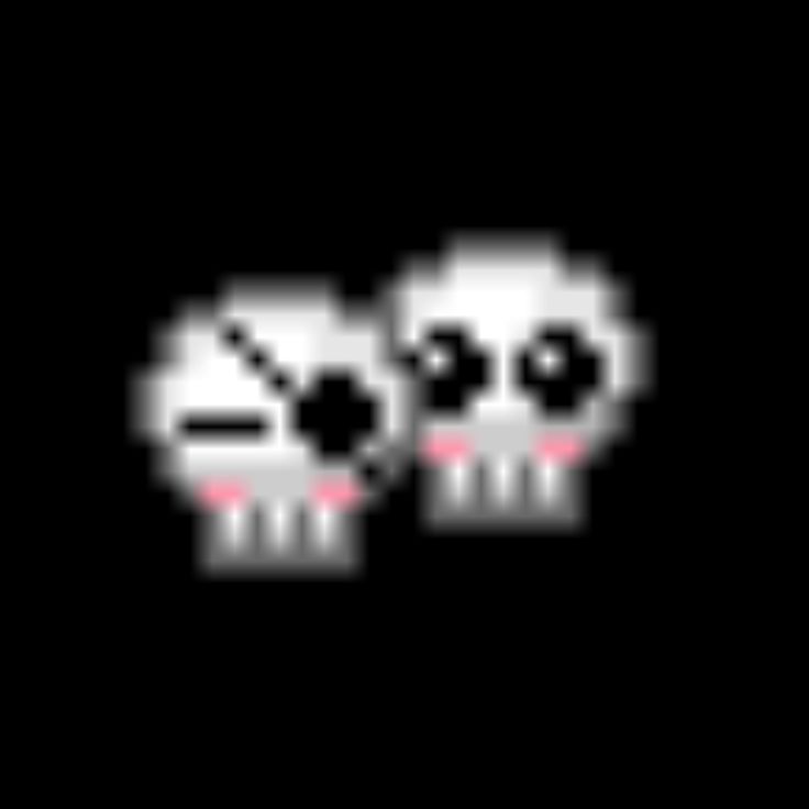 two white skulls with red eyes are seen in this pixelated image on a black background