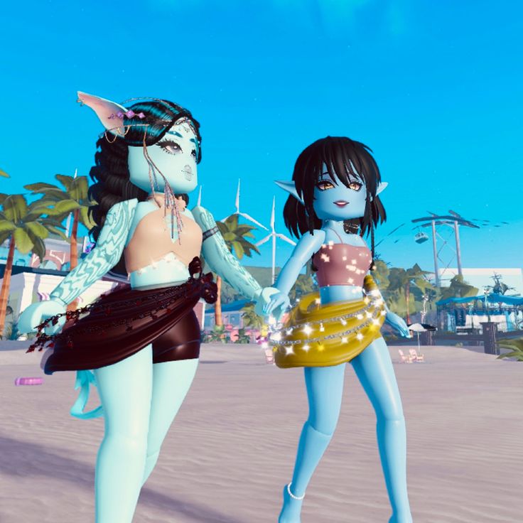 two animated women standing next to each other on a sandy beach with palm trees in the background