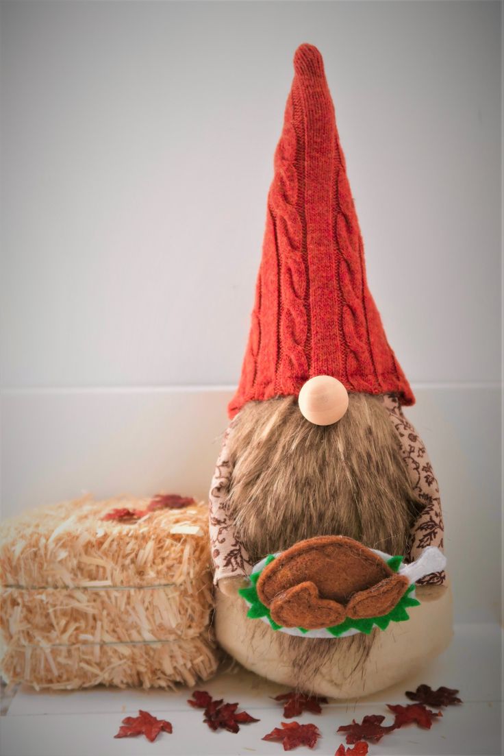 a stuffed animal with a red hat on it's head sitting next to some hay