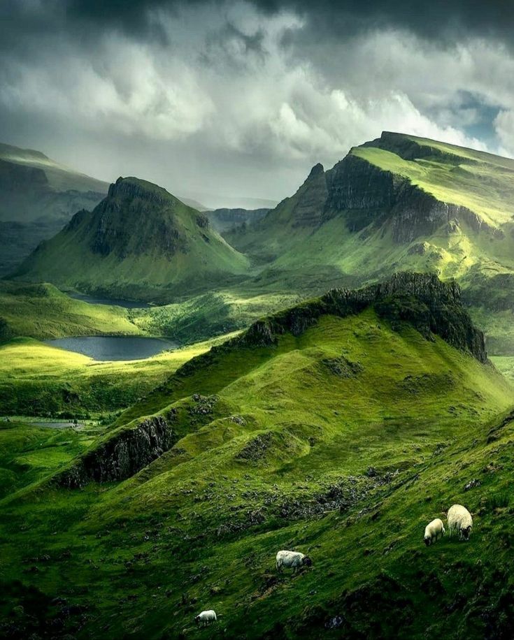 two sheep grazing on the side of a grassy hill with mountains in the background and dark clouds overhead