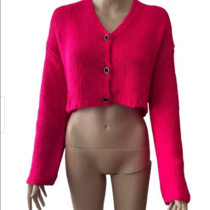 Hot Pink Knit Button Down Cardigan Sweater New With Tags Winter Long Sleeve Cropped Sweater With Buttons, Trendy One Size Cardigan, Trendy Knit Sweater With Buttons, Cropped Winter Sweater With Buttons, Cropped Buttoned Winter Sweater, Cropped Sweater With Button Closure For Winter, Winter Cropped Cardigan With Buttons, Winter Cropped Sweater With Button Closure, Trendy Button-up Knit Sweater