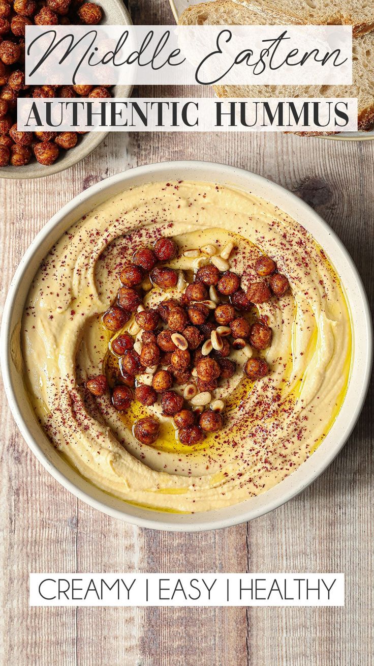 hummus in a white bowl with toasted nuts on the side and text overlay that reads, middle eastern authentic hummus