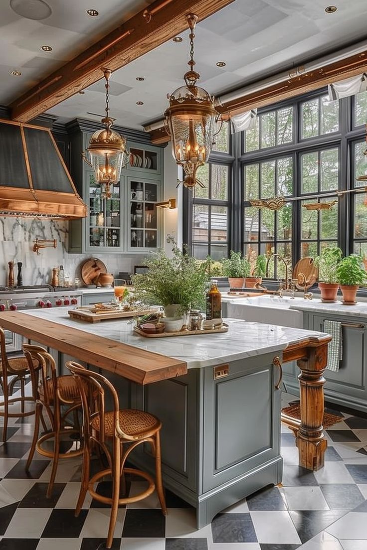 a kitchen with checkered flooring and lots of lights hanging from the ceiling over the island