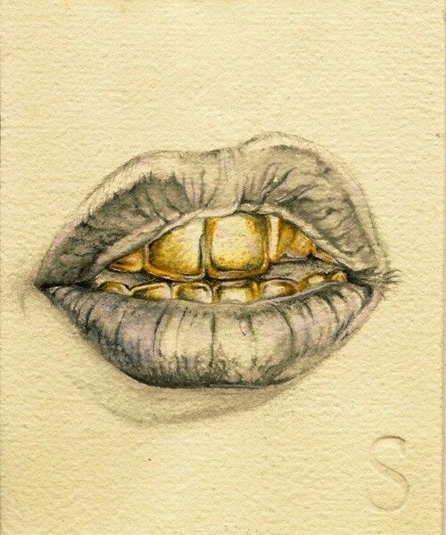 a drawing of a woman's mouth with yellow lips and gold eyeshades