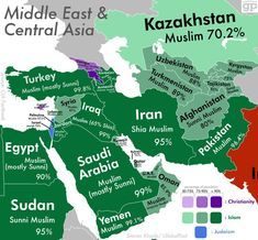 the middle east and central asia map with countries in green, red, purple, and blue