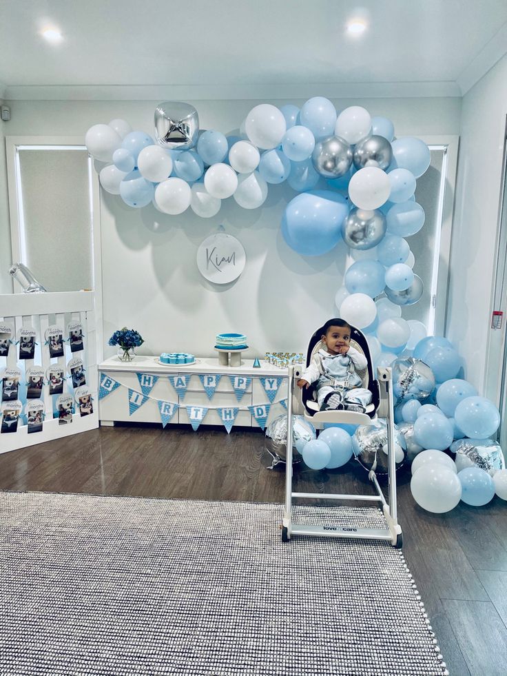 a baby is sitting in a highchair with balloons all over the room and photos on the wall