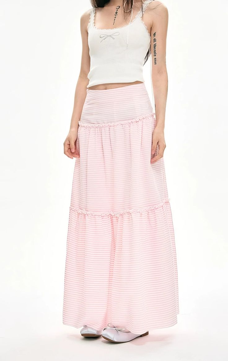 Embrace the whimsical allure of the Striped Ruffle Hem Maxi Skirt, a perfect blend of charm and versatility.
This elegant A-line skirt features a high waist design, crafting a flattering silhouette that elongates the legs. Made from 100% polyester fiber, it offers durable wear while maintaining a graceful flow. The playful stripes and ruffle hem add a retro-inspired twist, while the full length promises to sway with your every step.
Its effortless style is ideal for everything from weekend brunc Spring Flared Maxi Skirt With Lined Detail, Spring Full Lined Maxi Skirt, Spring Flowy Lined Maxi Skirt, Spring Maxi Skirt With Relaxed Fit, Feminine Spring Pleated Maxi Skirt, Spring Long Skirt With Elastic Waistband, Spring Full Maxi Skirt With Elastic Waistband, Flowy Flared Maxi Skirt For Spring, Long Skirt With Elastic Waistband For Spring