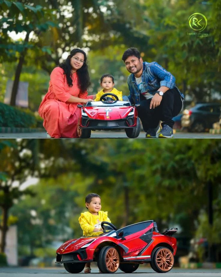 a man and woman sitting on top of a red toy car next to each other