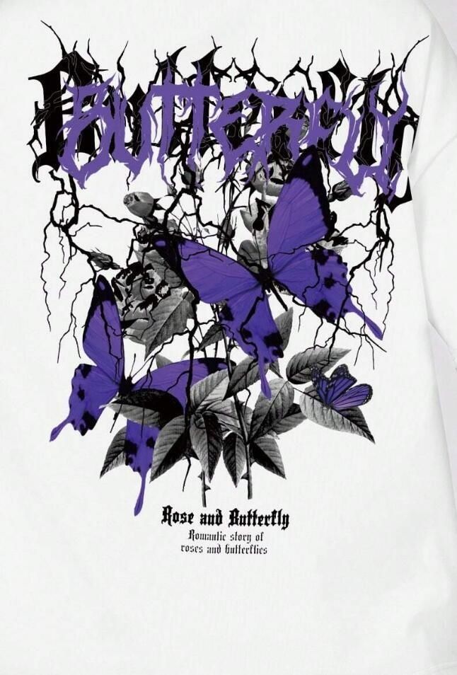 the back of a white shirt with purple butterflies on it and black writing that says, butterfly