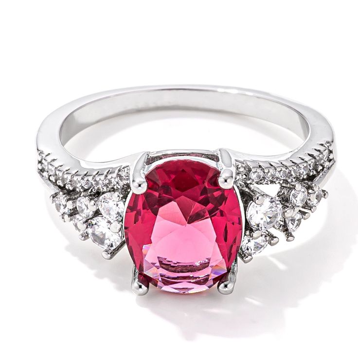 LOVCIA Forever Brilliance 3.25ct. Rhodium Plated Raspberry CZ Ring Pink Engagement, Cz Rings Engagement, Ring Oval, Halo Engagement Rings, Cz Ring, Pink Ring, Boston Ma, Ring Collections, Pricing Jewelry