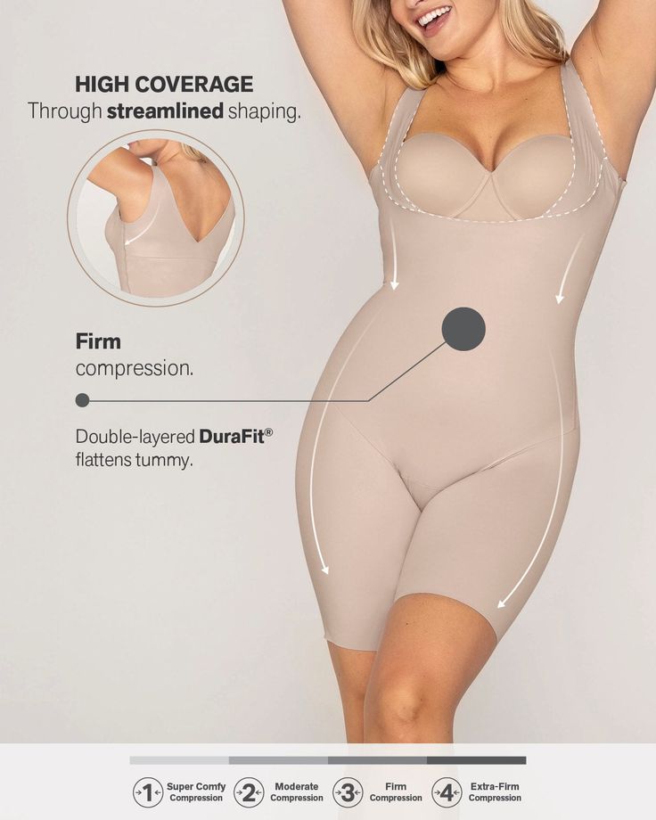 This mid-thigh bodysuit shaper is made with our trademark DuraFit® fabric for firm compression to sculpt the whole torso and thighs. Double-layered fabric in the torso carves out your curves, while the single-layered short bottom shapes lightly while preventing thigh rub. Laser-cut edges give this shaper a truly undetectable look, even under your tightest clothes. The plunge back is specially designed to shape the sides of your back while remaining undetectable, even when worn with scoop back dr Thigh Rub, Wardrobe Solutions, Leg Bands, Strapless Corset, Tights Outfit, Swimwear Brands, Body Shaper, Support Bras, Active Wear Leggings