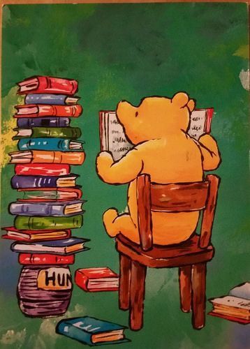 a painting of a winnie the pooh sitting in a chair with books on it