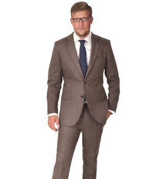 Suit in Natural Brown Tweed Semi-formal Notch Lapel Tweed Jacket, Tailored Tweed Pants For Formal Occasions, Fitted Tweed Pants For Workwear, Formal Tweed Suit With Suit Collar, Classic Tweed Business Casual Suit, Tailored Tweed Pants For Business, Classic Tweed Suit For Business Casual, Fitted Tweed Pants With Welt Pockets, Tailored Tweed Jacket With Suit Collar